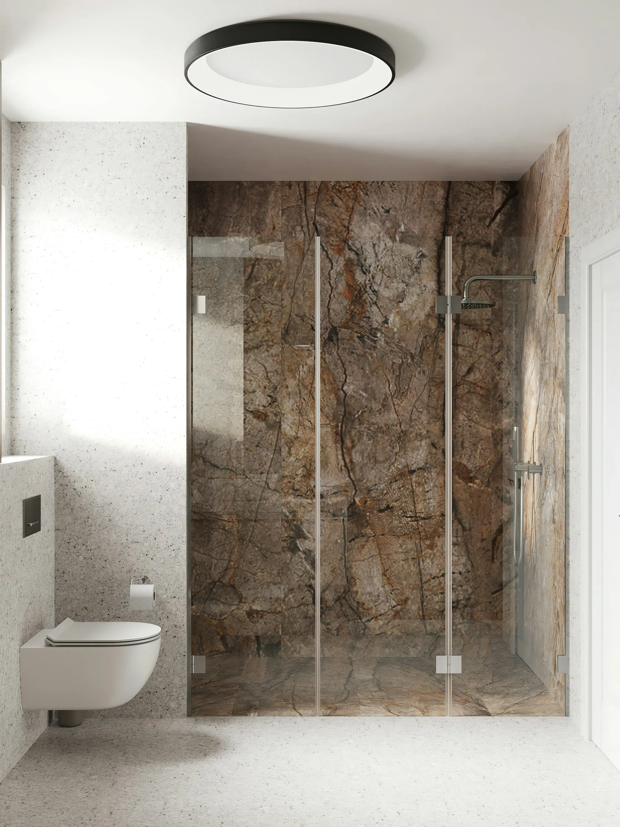 A tiled bathroom with a shower unit